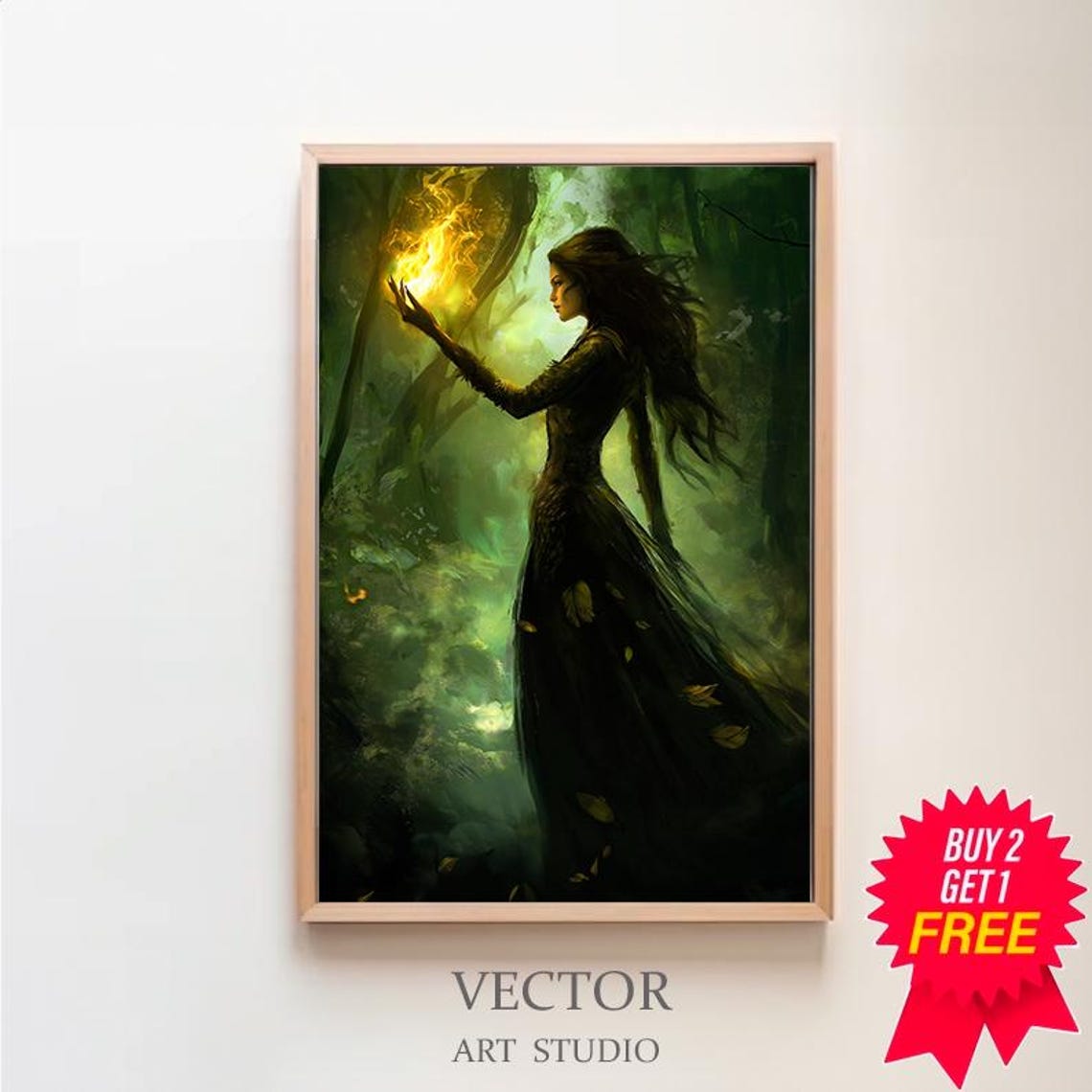 Dark Sorceress Conjuring Fire In A Moonlit Forest Fantasy Poster