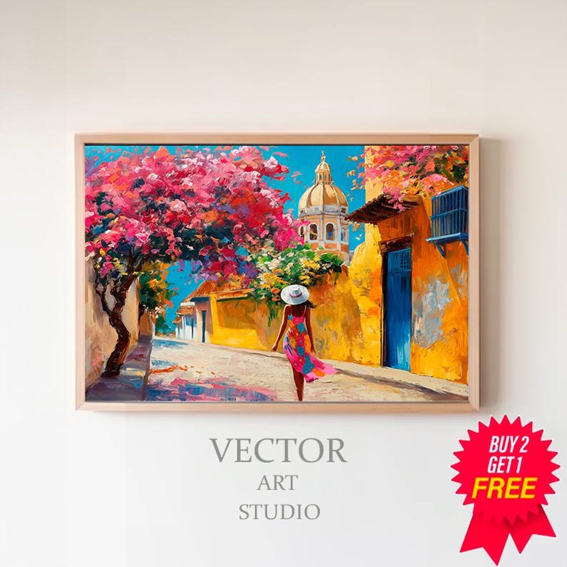 Colorful Mexican Street Scene with Bougainvillea and Church Poster
