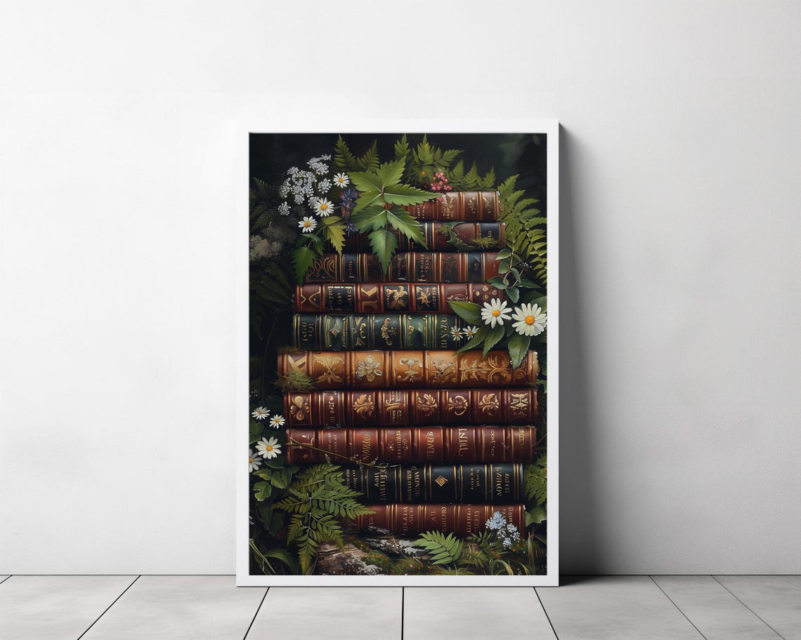 Antique Leather Books Stacked High With Ferns and Daisies Poster - Image 3