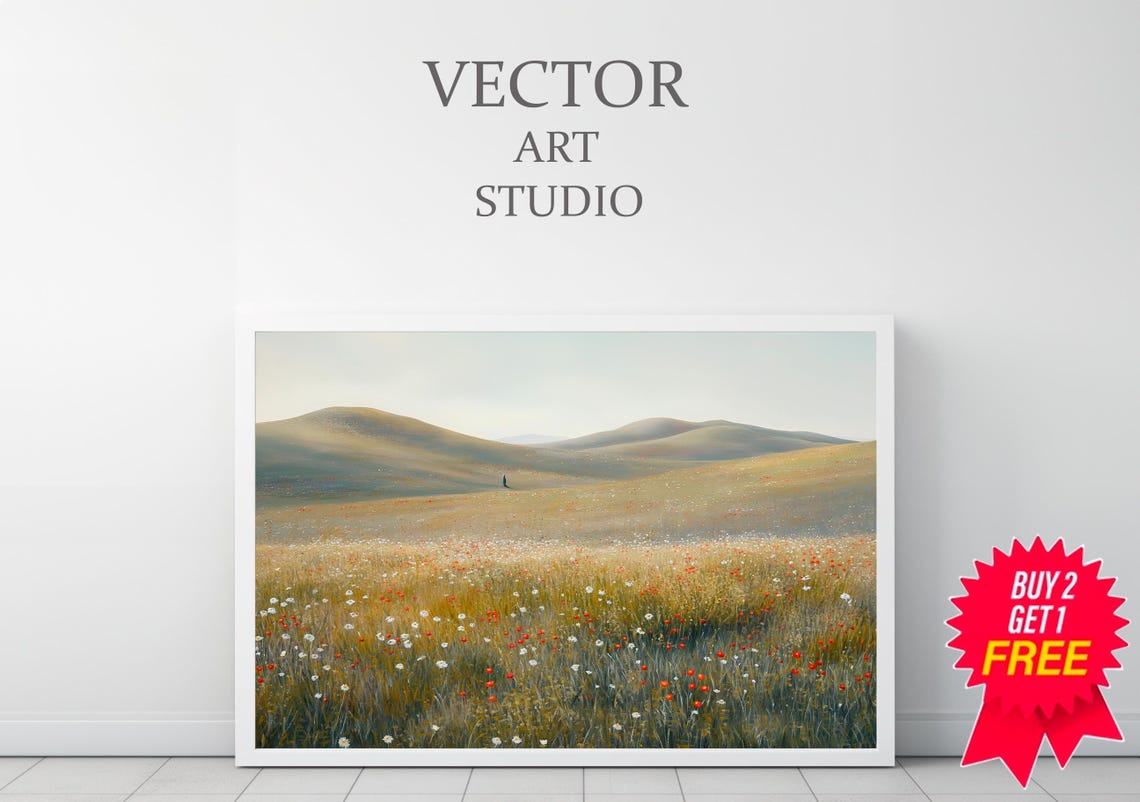Misty Wildflower Meadow with Soft Rolling Hills Minimalist Poster - Image 3