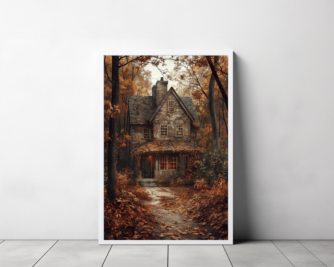 Stone Cottage with Warm Windows in Autumn Woods Storybook Poster - Image 3
