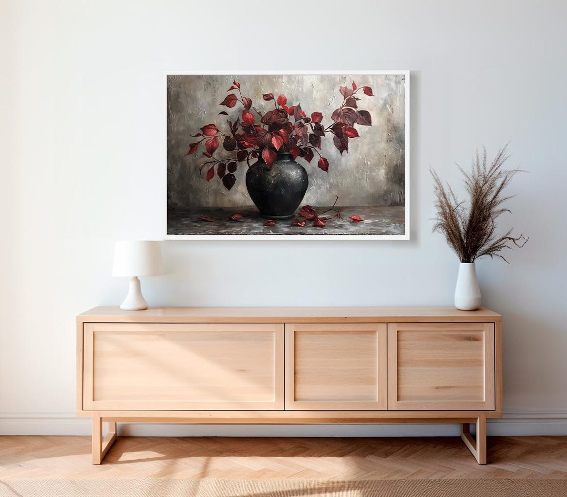 Burgundy Branches Painting Art Moody Floral Art Vintage Fall Artwork - Image 2