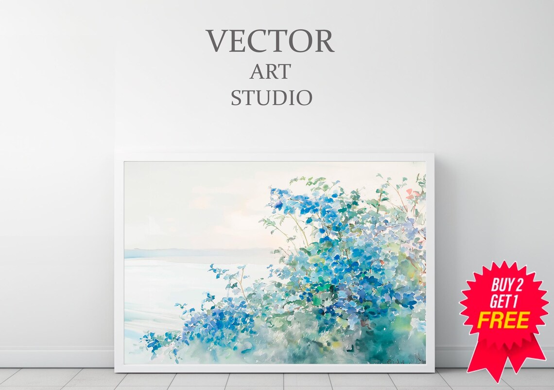 Blue Wildflowers Swaying Beside The Sea Coastal Watercolor Wall Art - Image 3