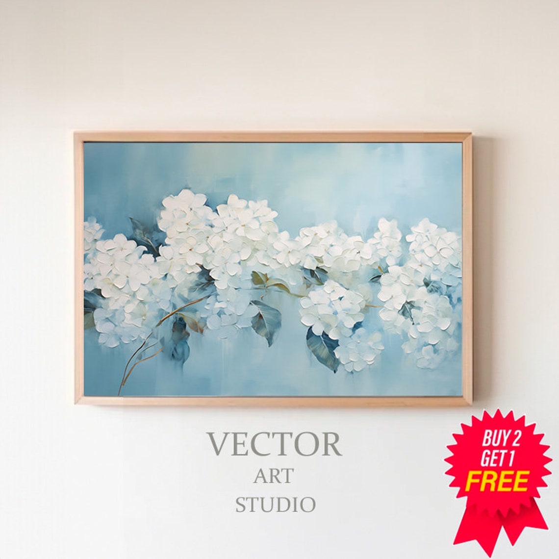White Hydrangea Blossoms on Soft Blue Vintage Spring Botanical Poster