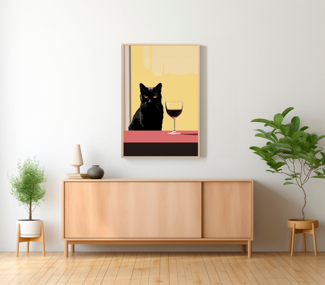 Black Cat Red Wine Glass Minimal Geometric Modern Fun Art Poster - Image 2