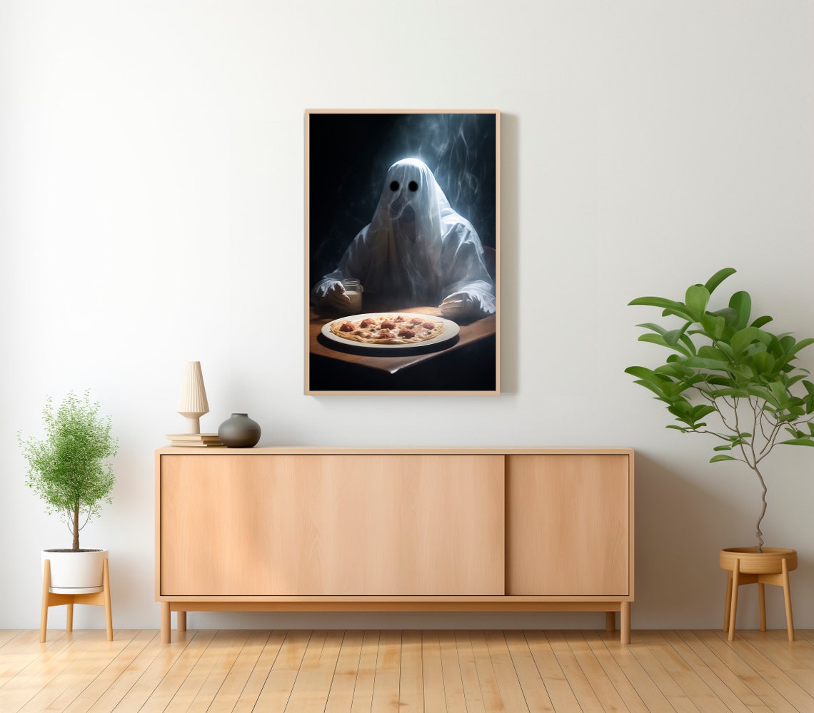 Ghost Eating Pizza in Dark Smoky Room Funny Cute Halloween Poster - Image 2