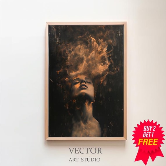 Amber Flame Woman Portrait with Fire Smoke Dark Gothic Surreal Poster