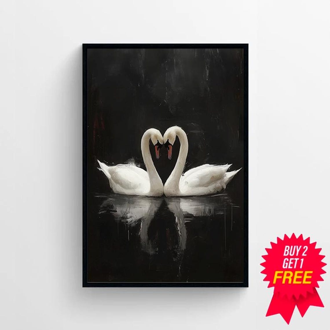 Two Swans Mirrored in a Heart Shape on Black Water Painting Poster - Image 4