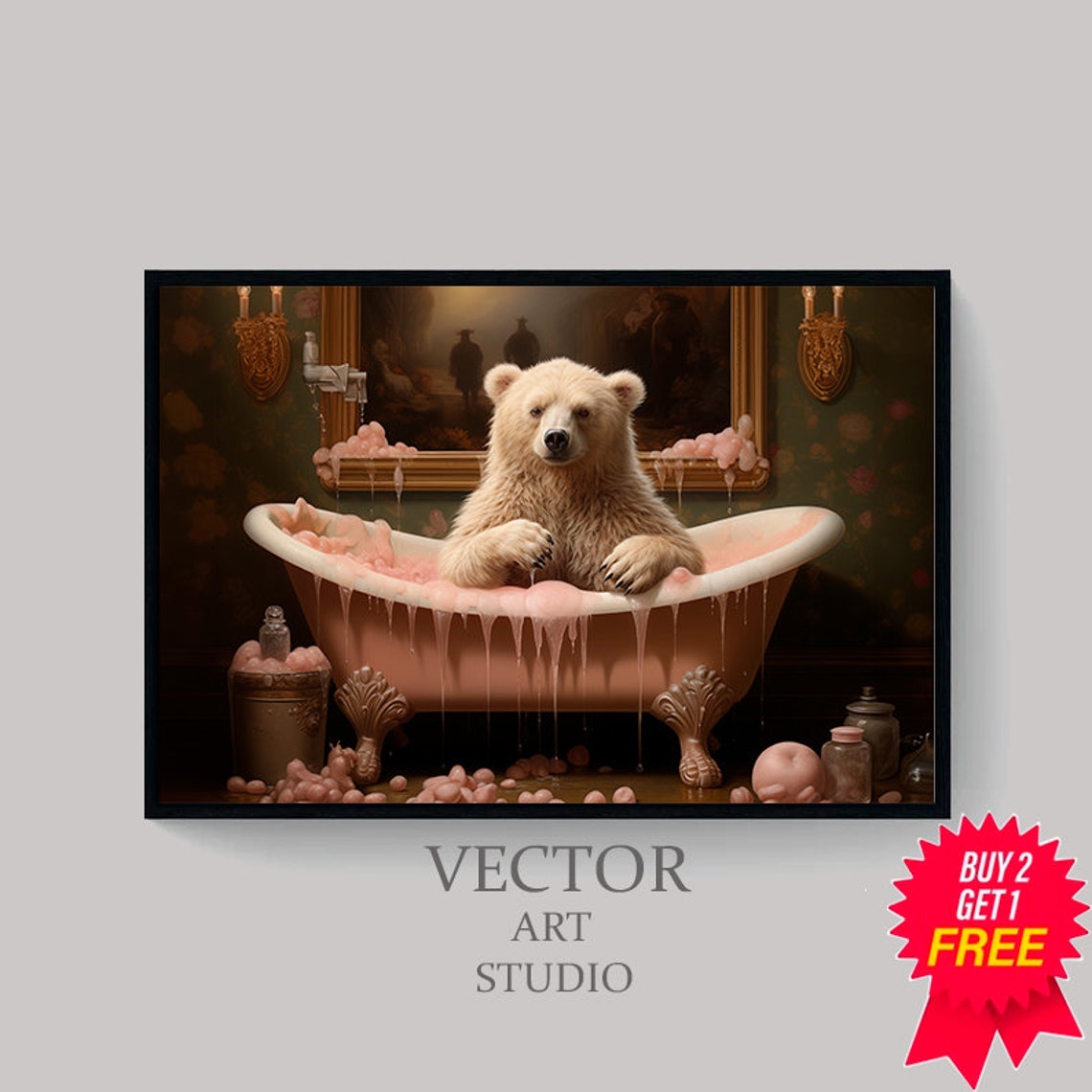 Light Brown Bear Cub in Pink Bubble Bath Vintage Bathroom Art Poster - Image 4