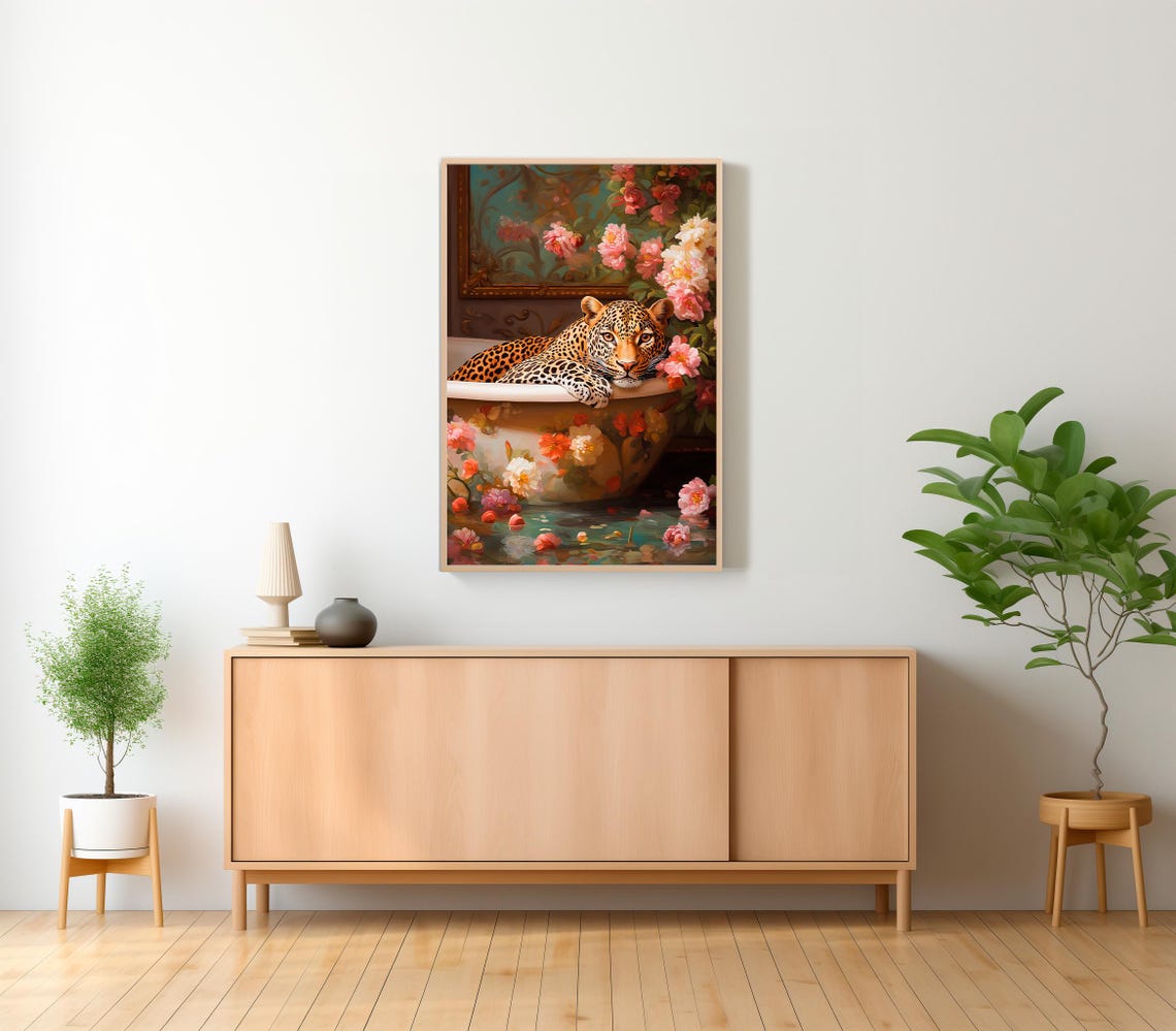 Wall Art Leopard In A Bathtub Maximalist Oil Painting Colorful Trendy Kitsch Bathroom Print Vivid Bold Dopamine Animal Picture - Image 2