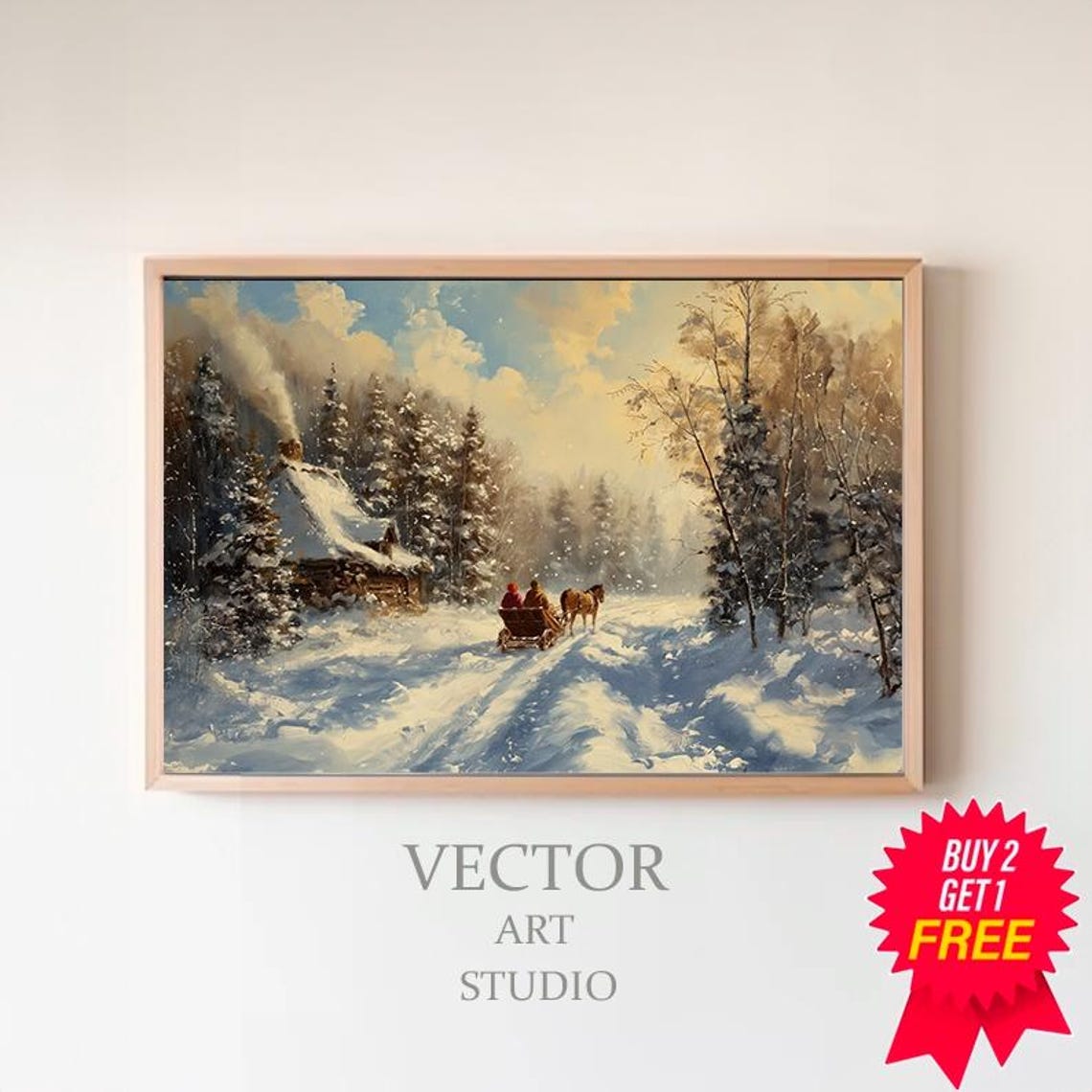 Horse Drawn Sleigh Past A Snowy Forest Cabin Winter Art Poster