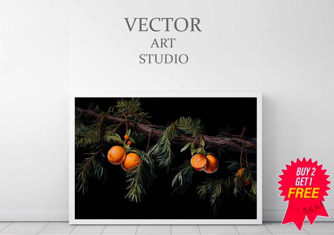 Oranges Hanging from Pine Branch on Black Christmas Citrus Art Poster - Image 3