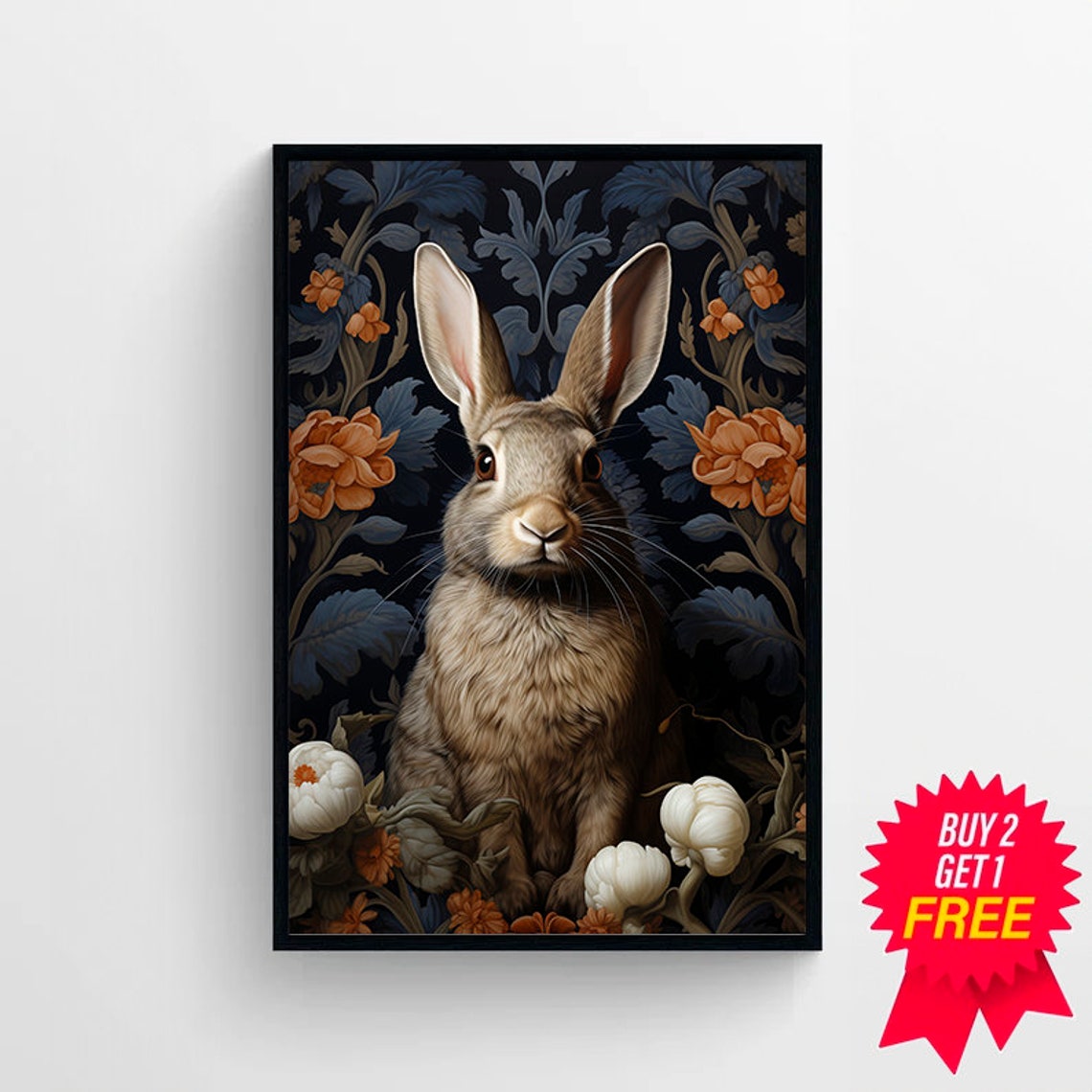 Rabbit Dark Floral Tapestry Orange Blooms Botanical Style Poster - Image 4