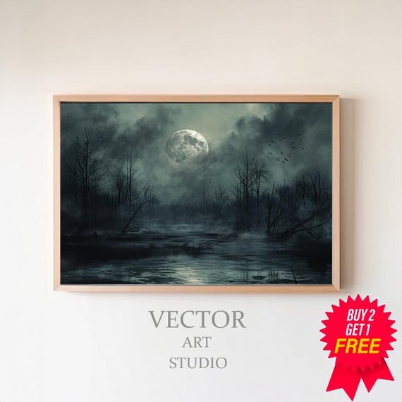 Spooky Swamp At Full Moon Wall Art Print Gift For Gothic Fans Flying Bats Dark Cottagecore Halloween Artwork Moody Painting Witchy Art