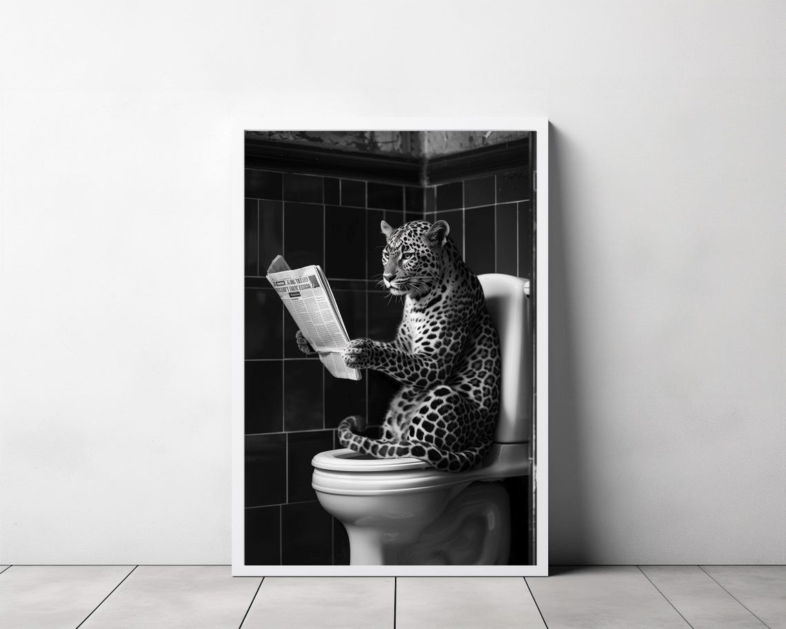 Leopard on Toilet Reading Newspaper Funny Black and White Art Poster - Image 3