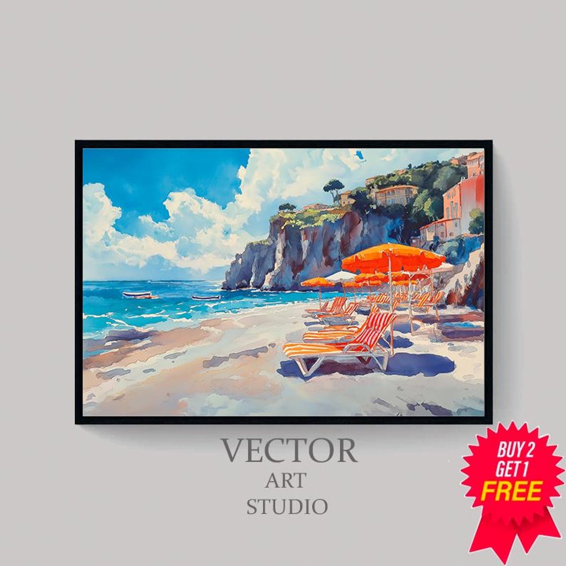 Capri Beach With Cliffside Buildings And Orange Umbrellas Poster - Image 4