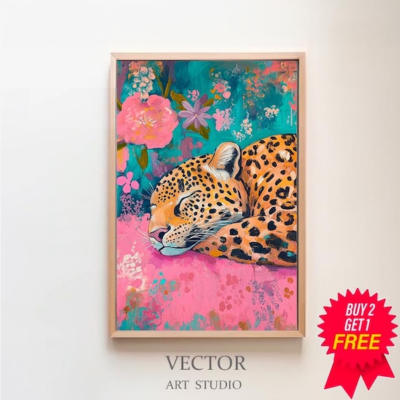 Sleeping Leopard Among Peonies Vivid Teal and Pink Floral Poster