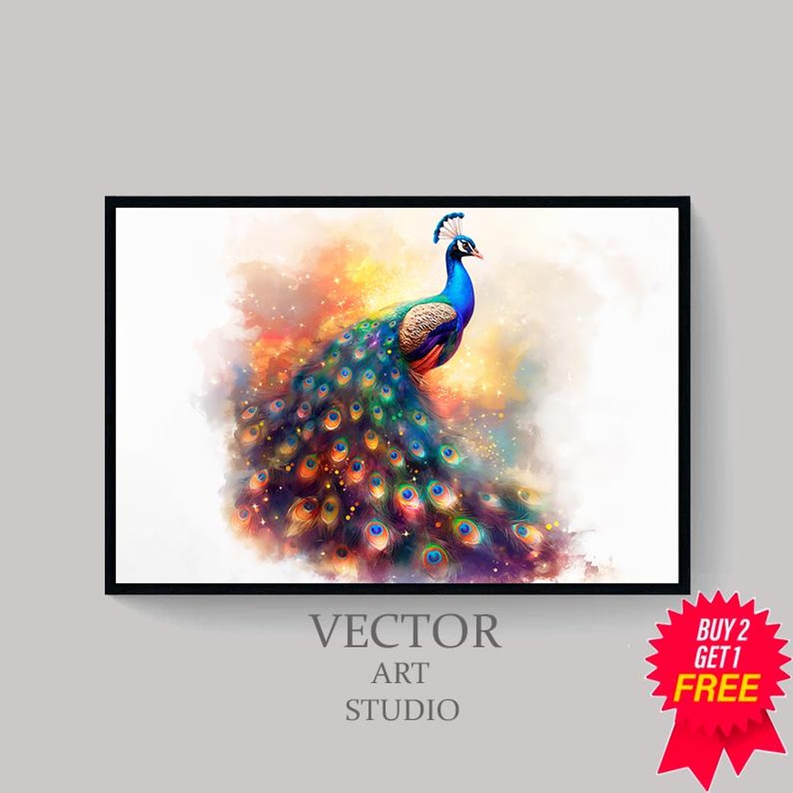 Watercolor Peacock with Colorful Fanned Tail Feathers Poster - Image 4