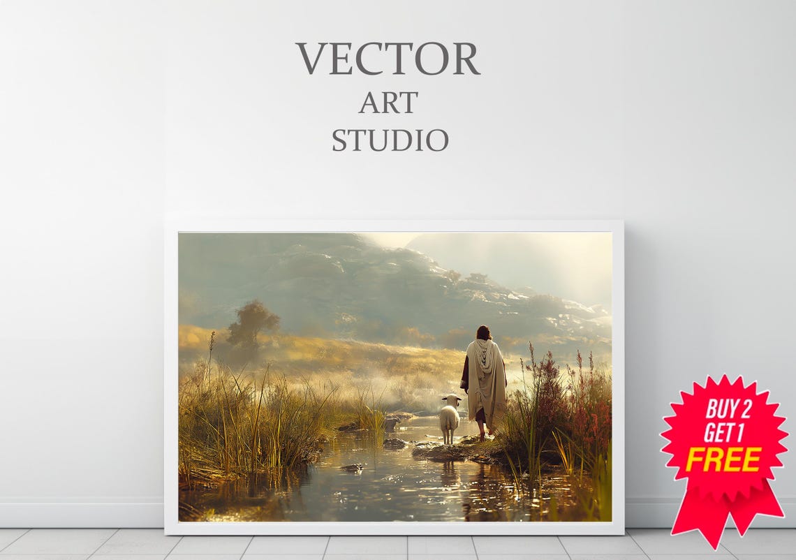 Jesus Walking with a Lamb Beside a Sunlit Mountain Stream Poster - Image 3