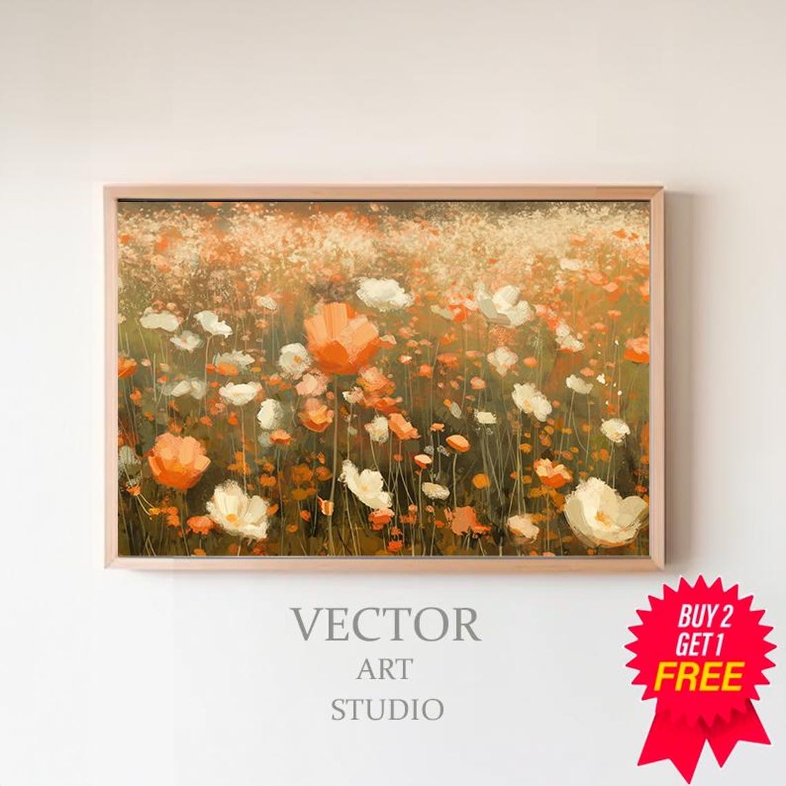 Soft Focus Orange and White Wildflowers in a Vintage Style Art Poster