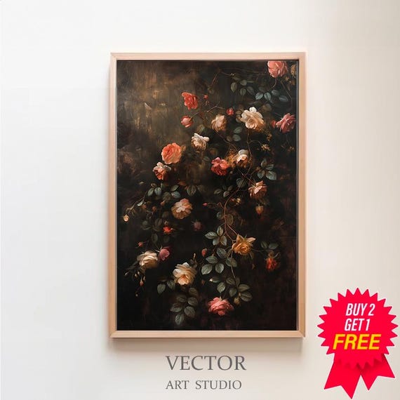 Moody Dark Botanical Floral Rose Flower Art Dark Cottagecore Gothic Art Vintage Floral Dark Academia Romantic Roses Wall Decor