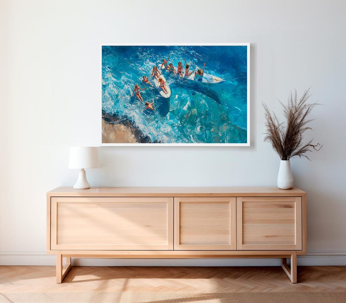 Surfer Girls Circle Surfboards Deep Blue Ocean Watercolor Poster - Image 2