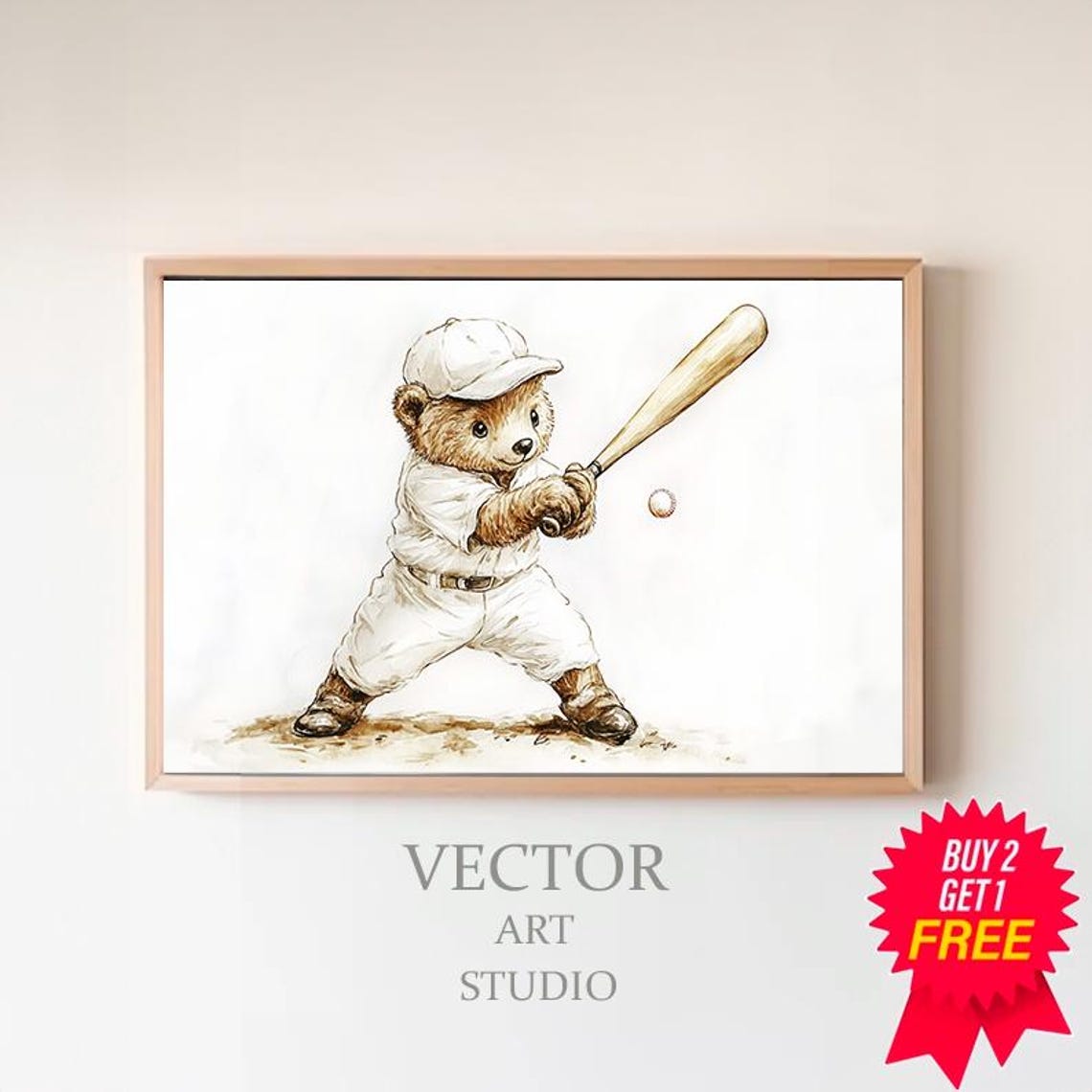 Teddy Bear Batter Mid Swing with Ball Baseball Nursery Poster