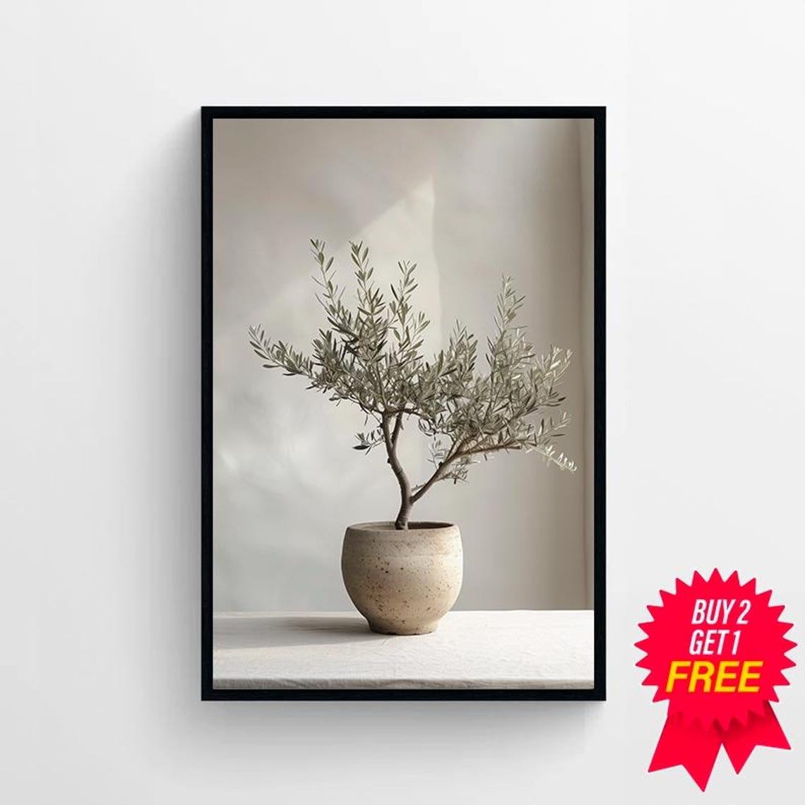 Bushy Olive Tree in a Speckled Pot Sunlit Minimal Still Life Poster - Image 4
