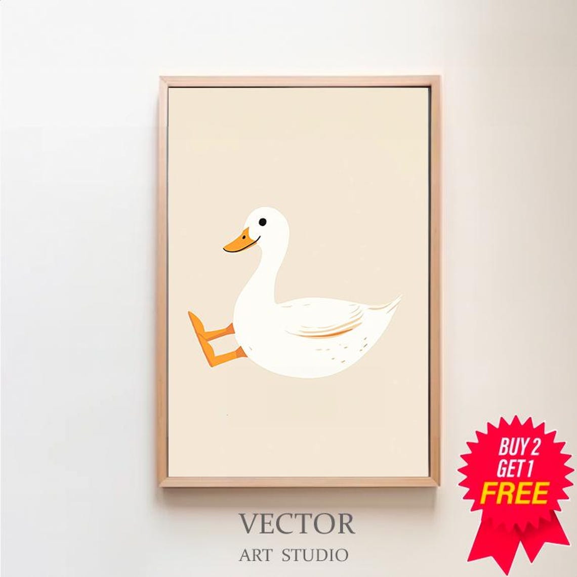Cheerful White Duck Running on Warm Beige Background Nursery Poster
