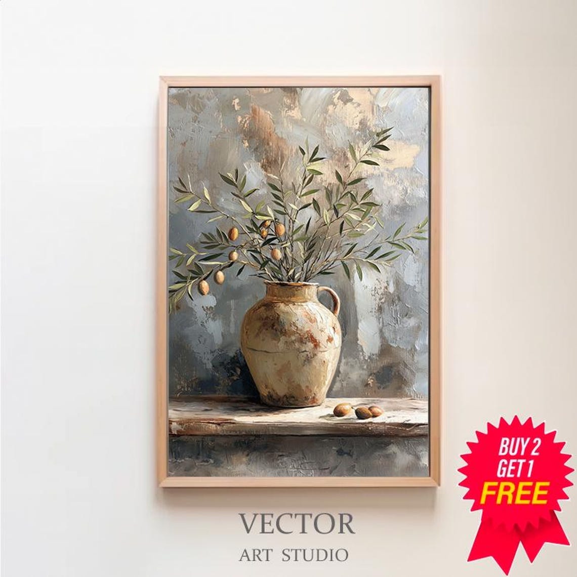 Olive Branches in Rustic Ceramic Pitcher Soft Neutral Still Life Print