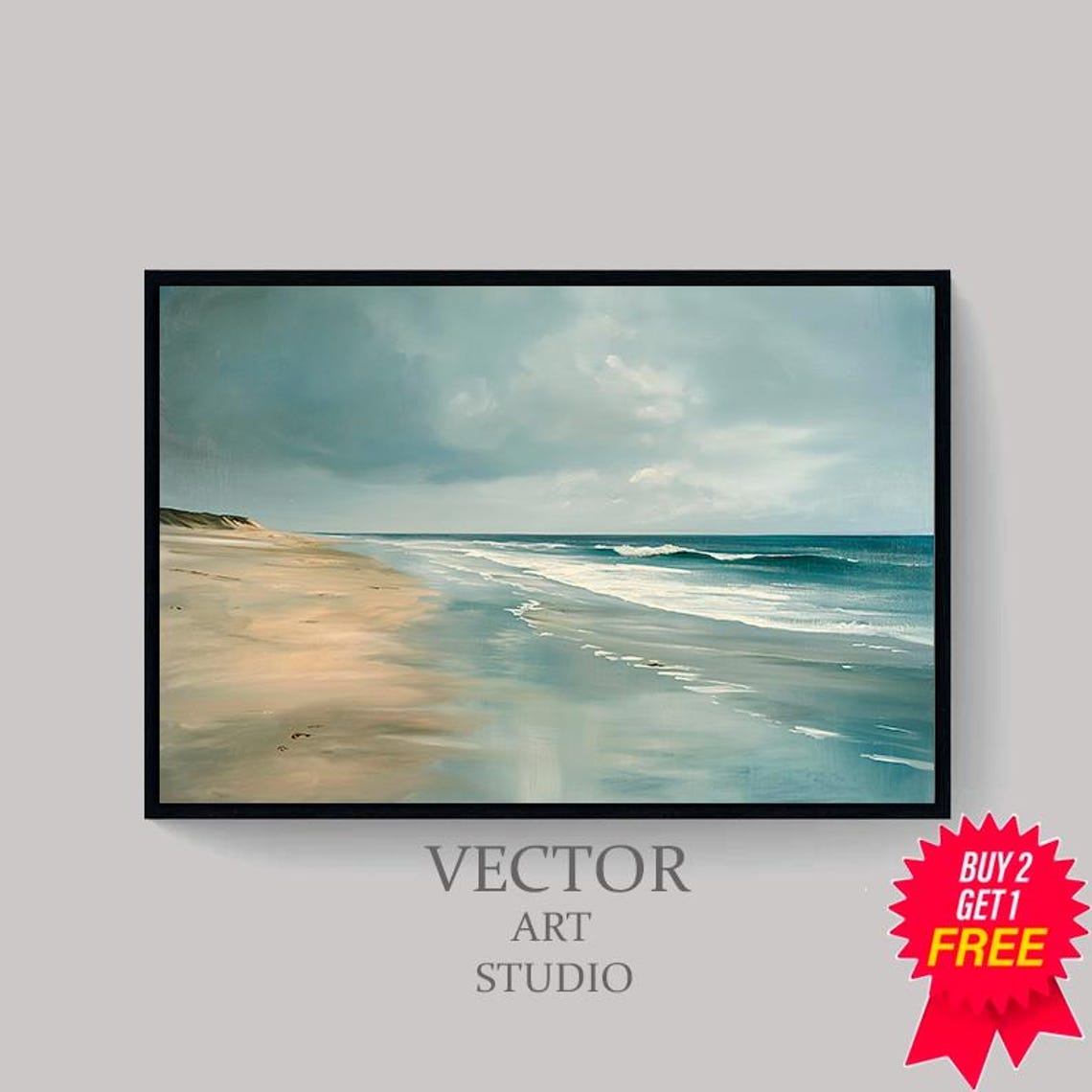 Turquoise Ocean Waves on a Sunny Beach Shoreline Oil Painting Poster - Image 4