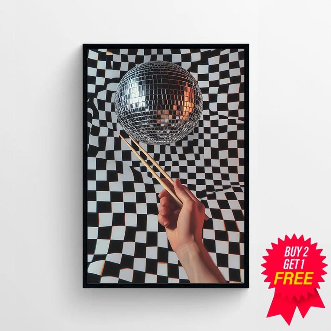 Silver Disco Ball over Chopsticks on a Wavy Checkered Poster - Image 4