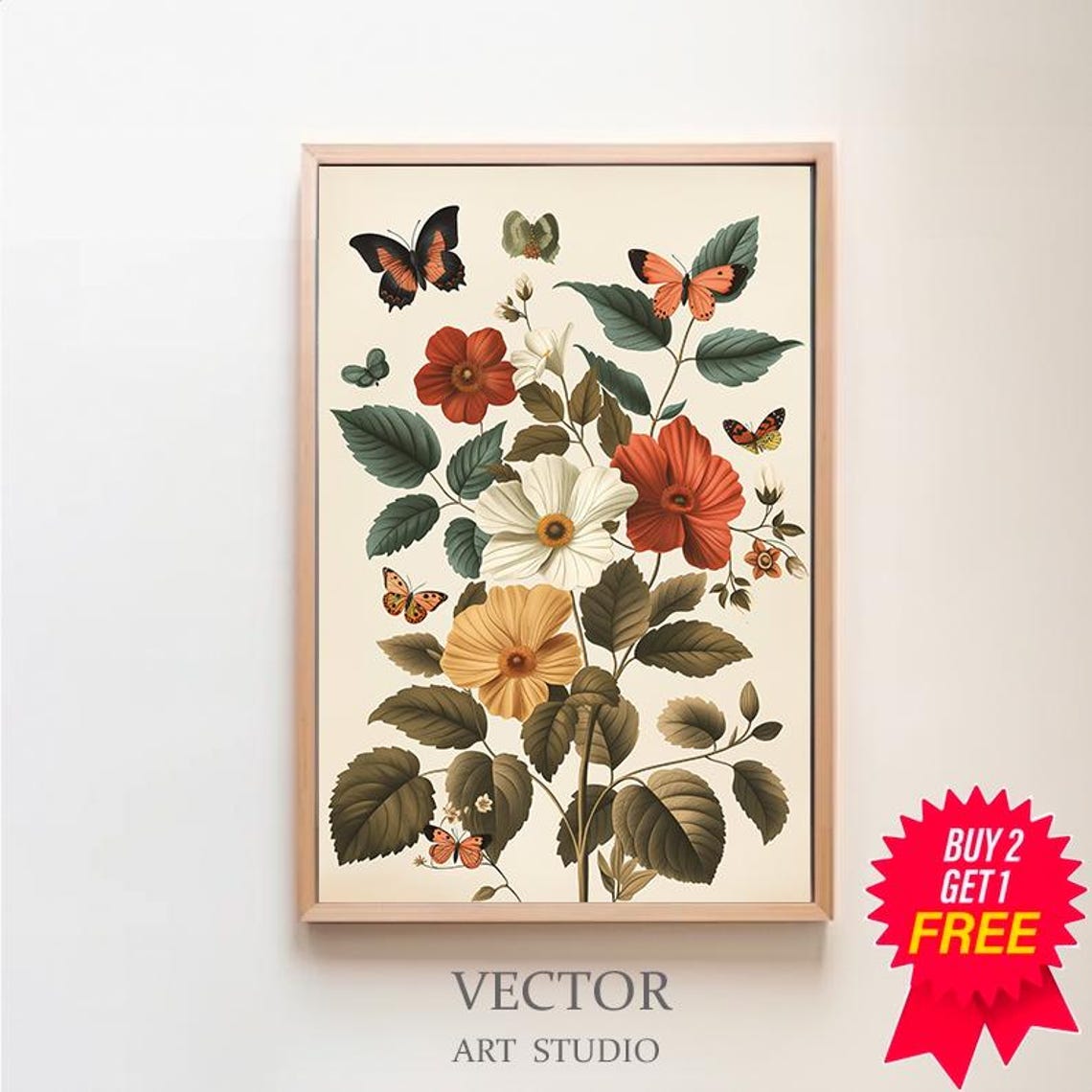 Vintage Butterfly Print Botanical Butterflies Farm House Home Decor Wall Art