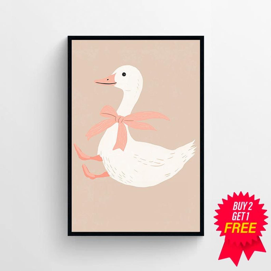 Duck With Pink Scarf Running on Beige Coquette Nursery Poster - Image 4