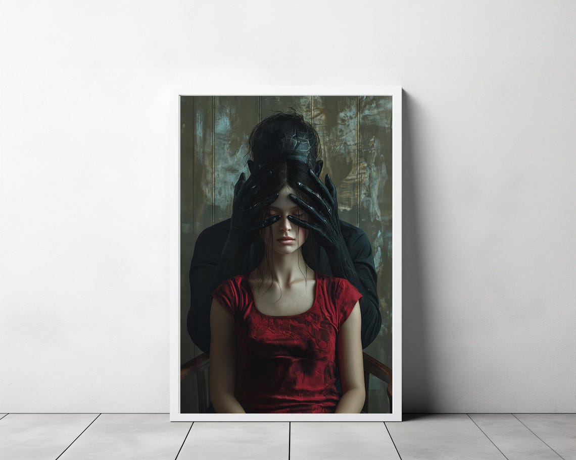 Devil Embrace Woman In Red Dress Dark Figure Behind Gothic Poster - Image 3