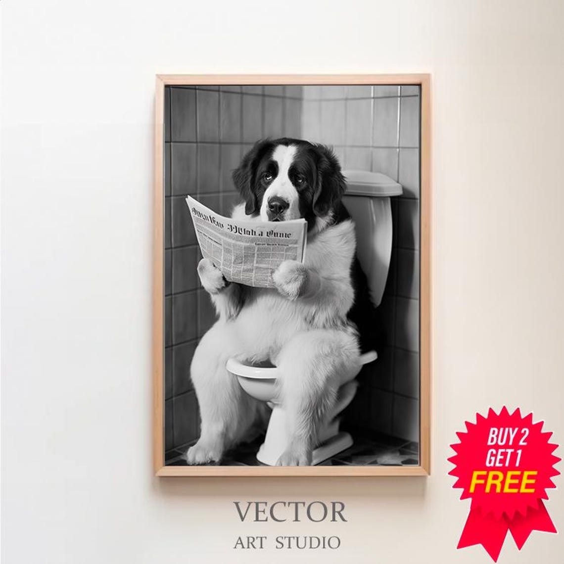Saint Bernard On Toilet Reading Newspaper Black And White Poster