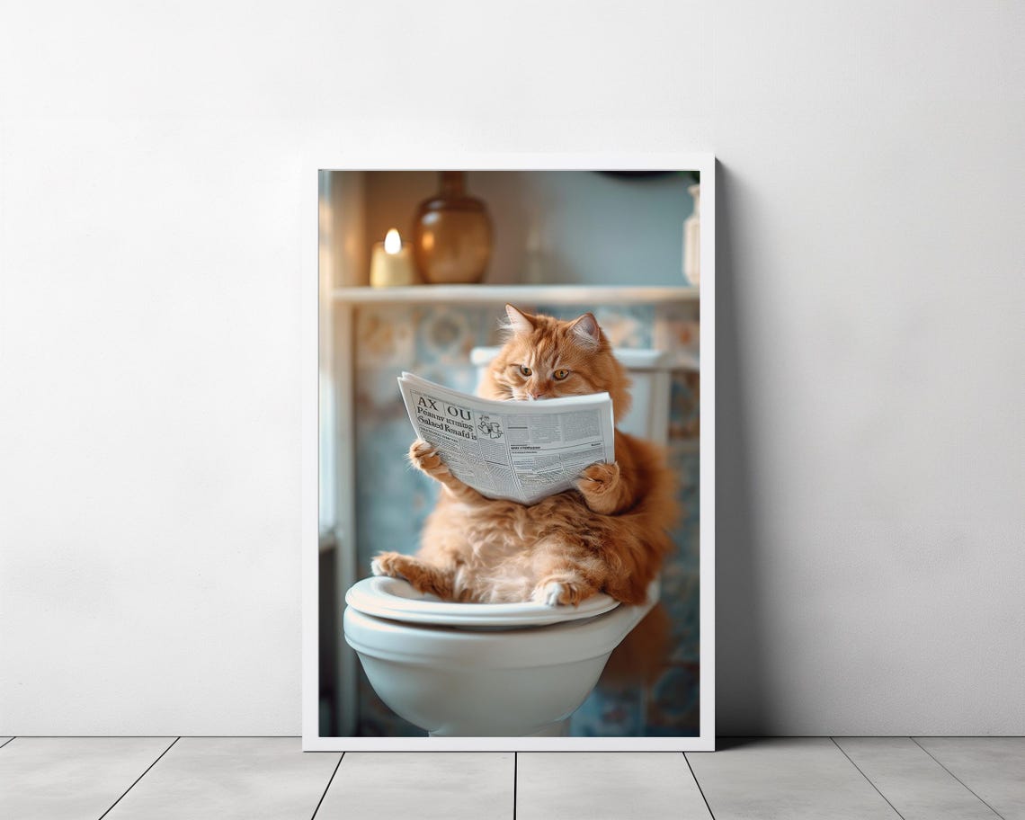Fluffy Ginger Cat Reading Newspaper on Toilet Funny Animal Poster - Image 3