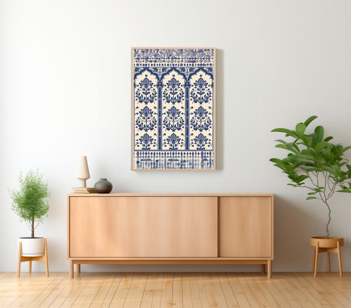 Blue White Floral Arch Tapestry Pattern Decorative Art Poster - Image 2