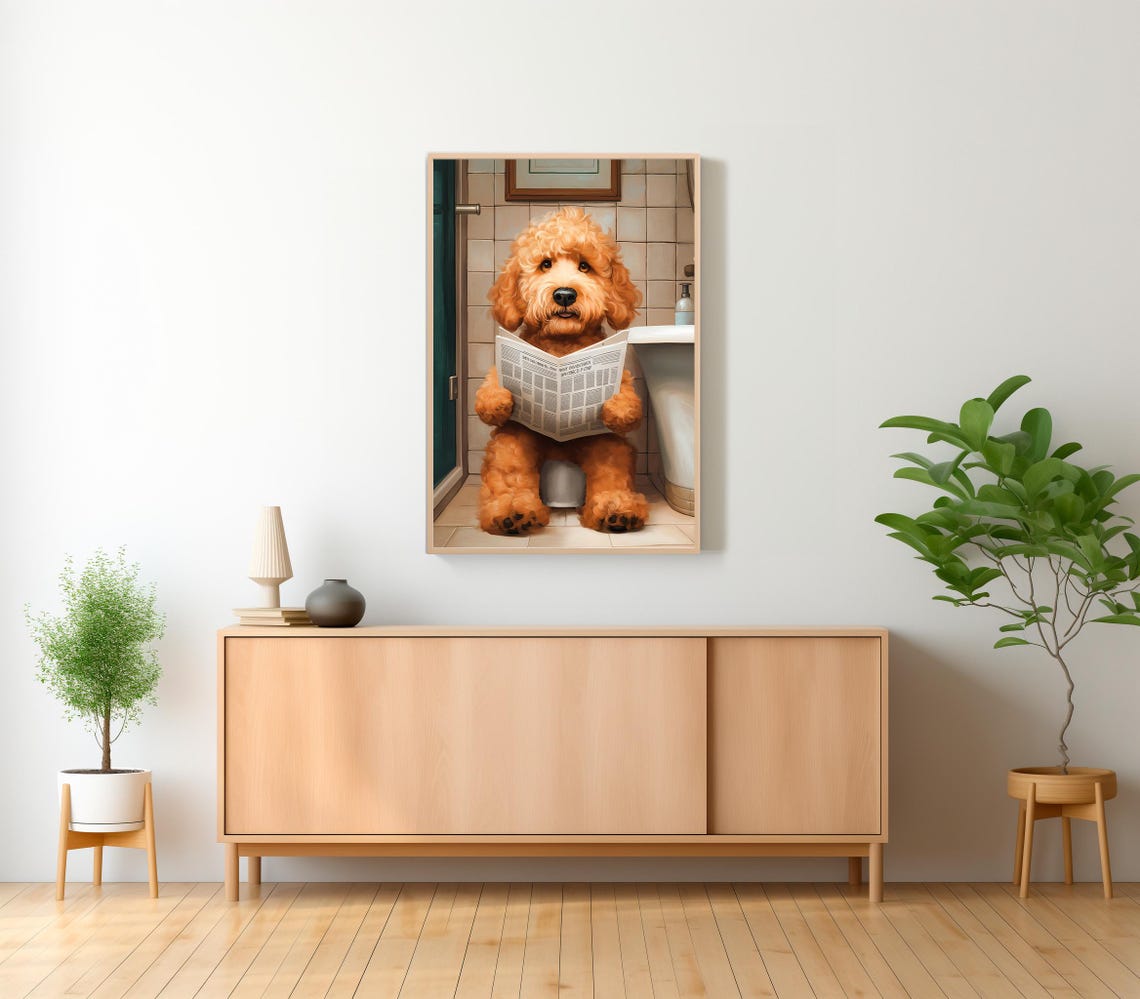 Cockapoo Sitting on Toilet Reading Newspaper Funny Dog Poster - Image 2