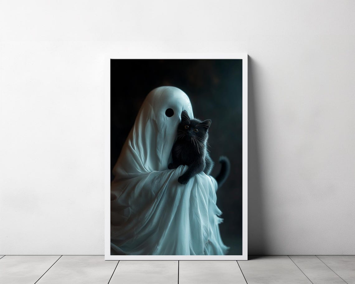 Sheet Ghost with Black Cat on Shoulder Dark Moody Halloween Poster - Image 3