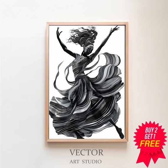 Black and White Dancer with Arms Raised in a Striped Gown Poster