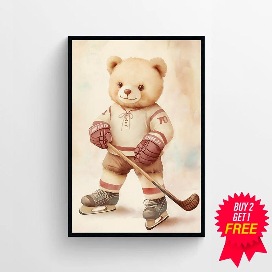 Adorable Vintage Teddy Bear Playing Ice Hockey Nursery Poster - Image 4