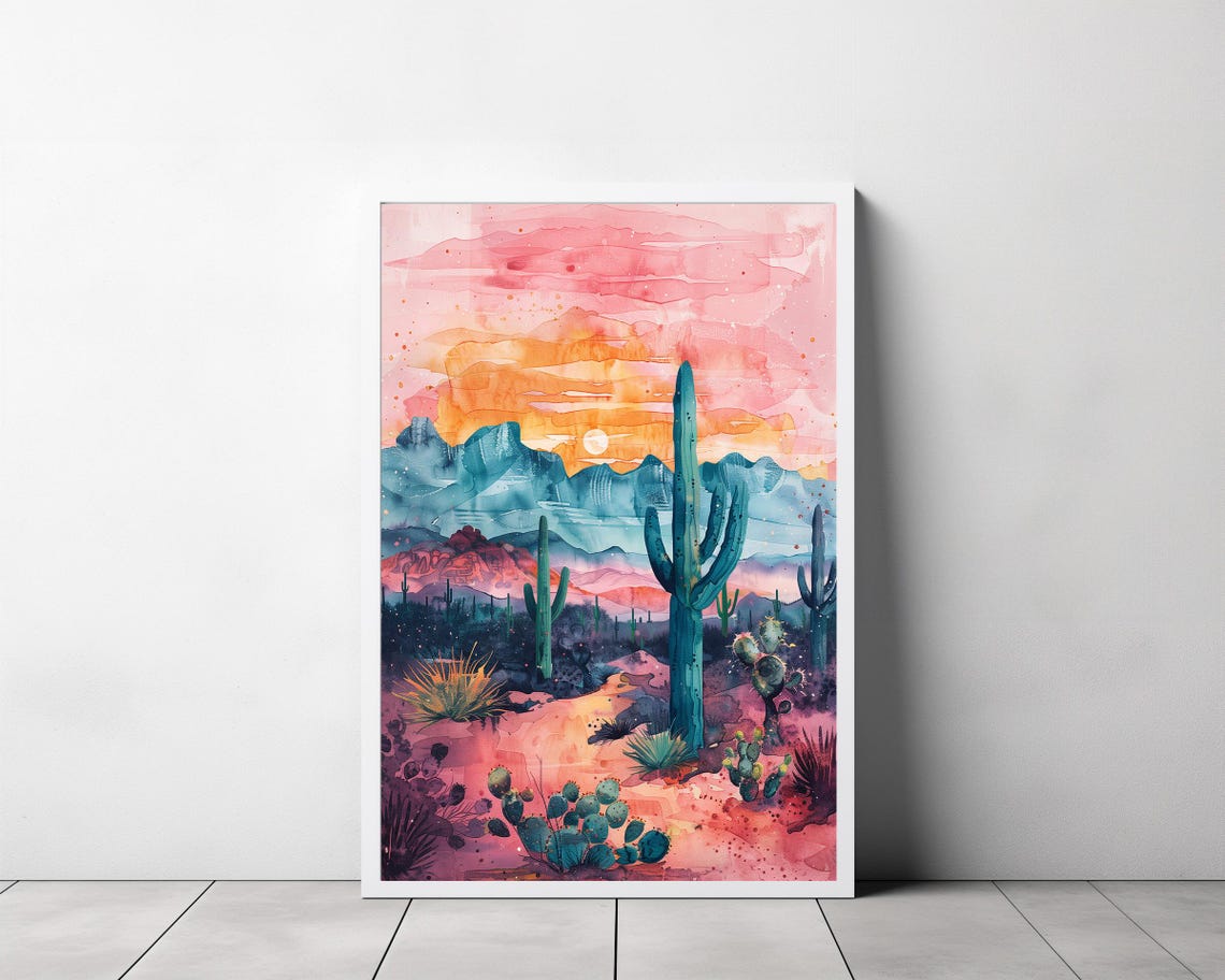 Desert Sunset Saguaro Cacti Teal And Pink Mountains Watercolor Poster - Image 3