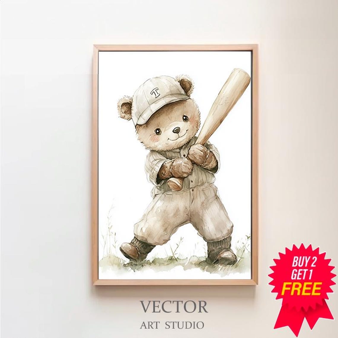 Cute Smiling Bear In A Baseball Uniform With Bat Nursery Wall Art