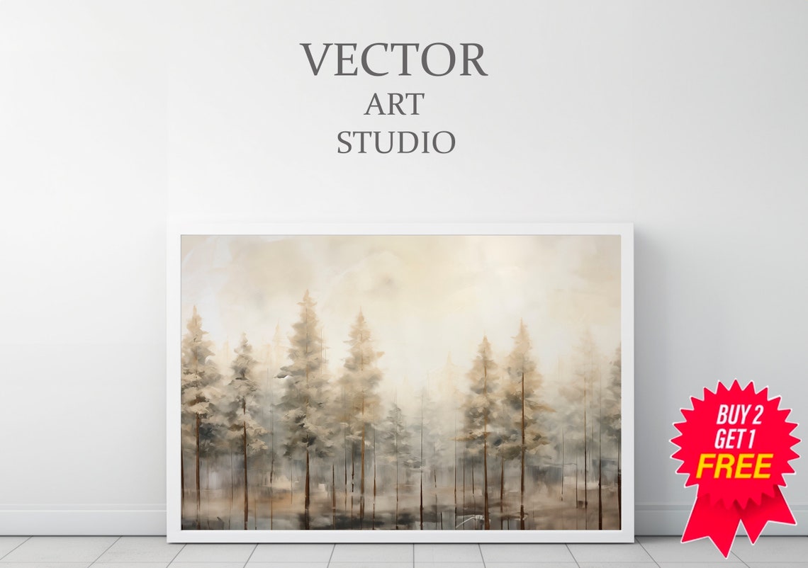 Foggy Pine Forest With Tall Thin Trunks Soft Blue Gray Poster - Image 3