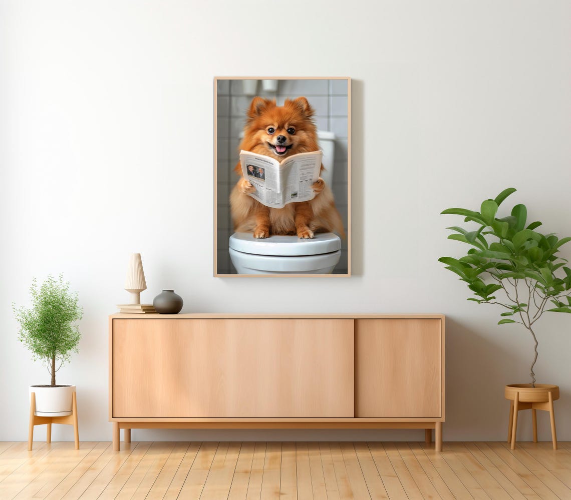 Pomeranian Reading Newspaper on Toilet Funny Dog Bathroom Poster - Image 2