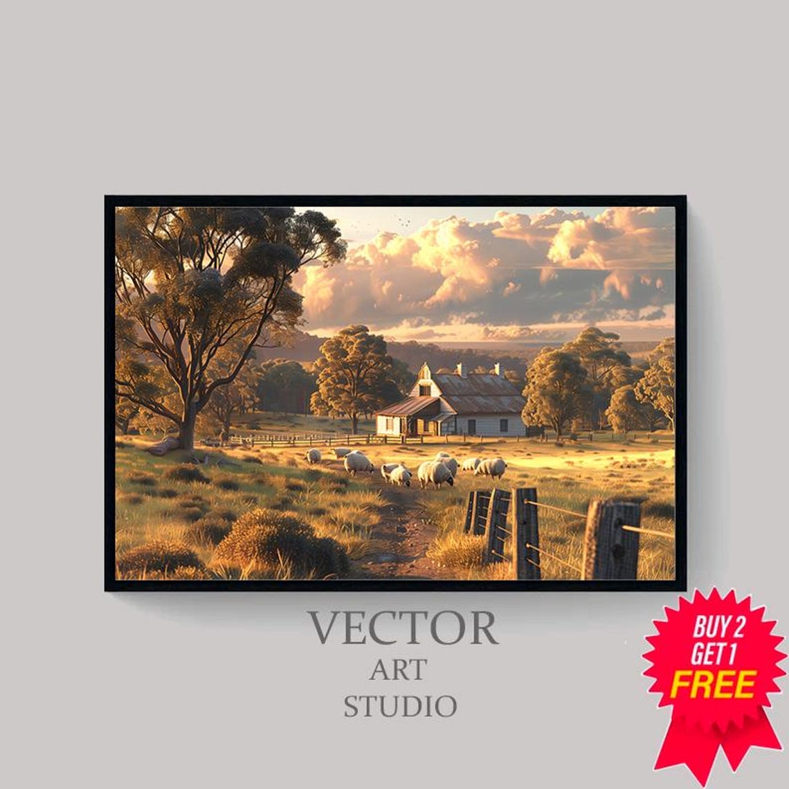 Outback Farmhouse Sheep Grazing At Sunset Golden Fields Rural Poster - Image 4