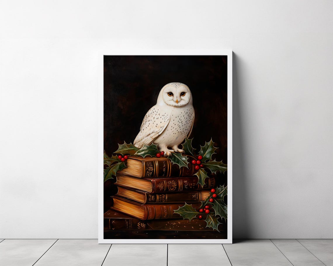 White Barn Owl Perched On Antique Books Dark Academia Holiday Poster - Image 3