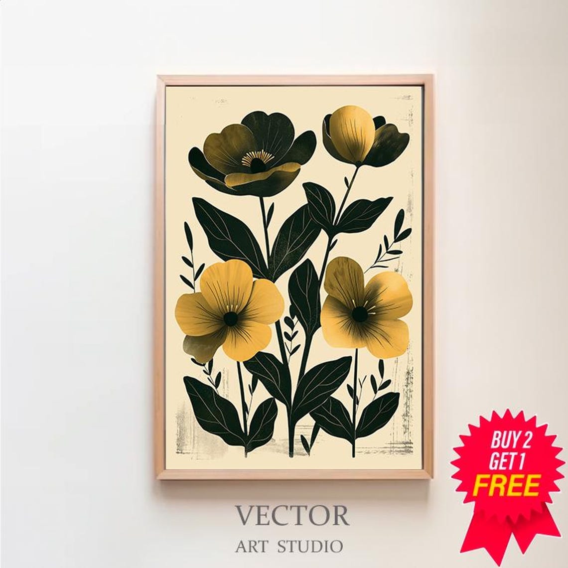 Boho Mustard Bloom Botanical Folk Art Cream Background Poster