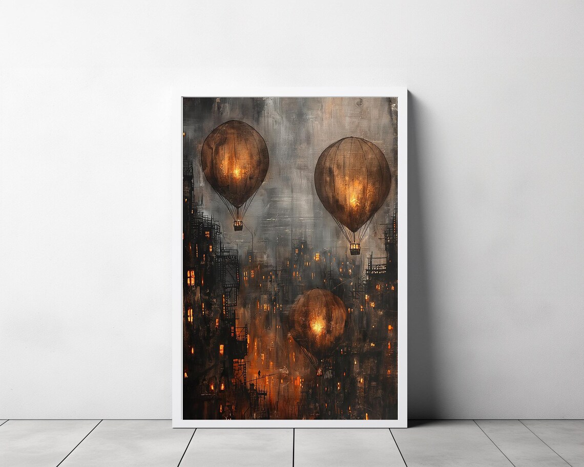 Three Glowing Amber Hot Air Balloons Over Foggy City Night Poster - Image 3